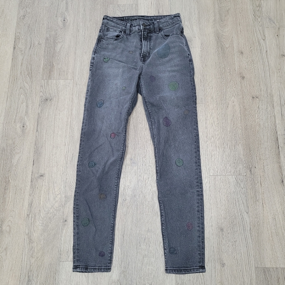 American Eagle Outfitters Grey Happy Face Pattern Jeans Denim Size: 00